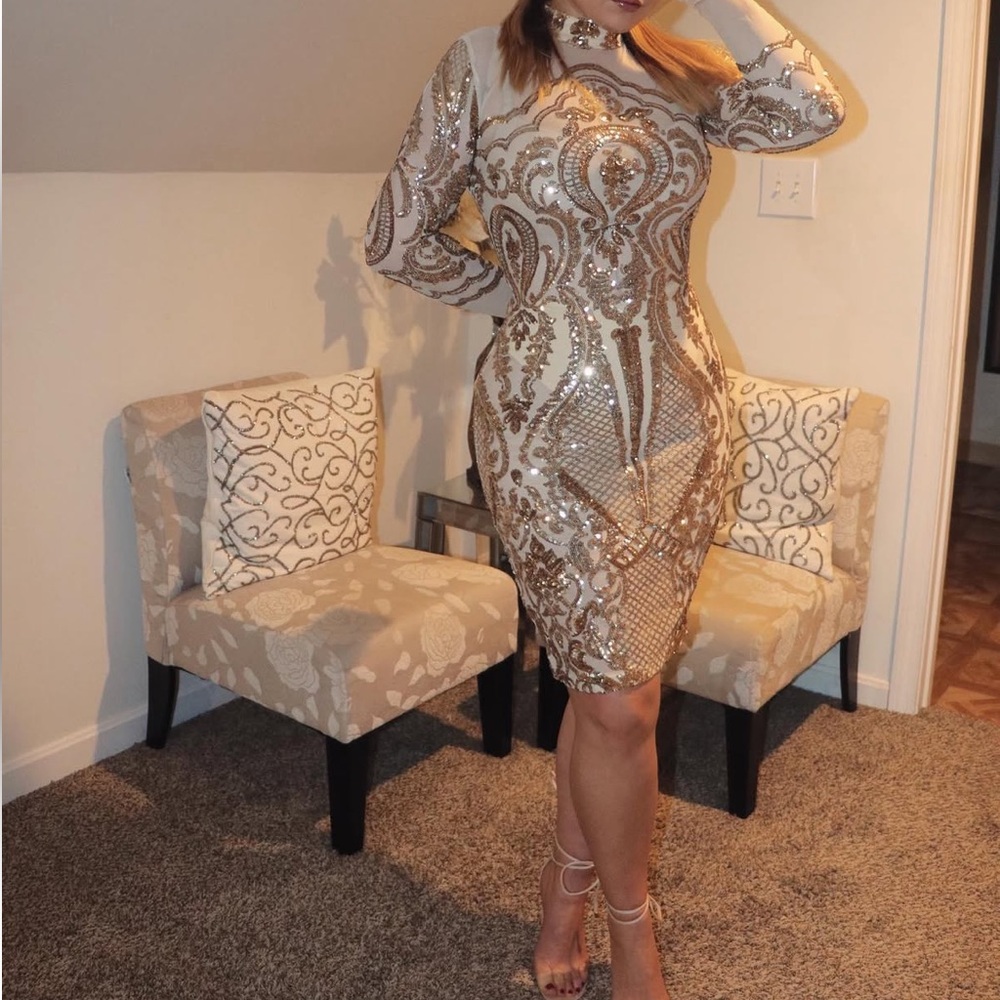 Elegant Sequin Dress in Gold and Cream